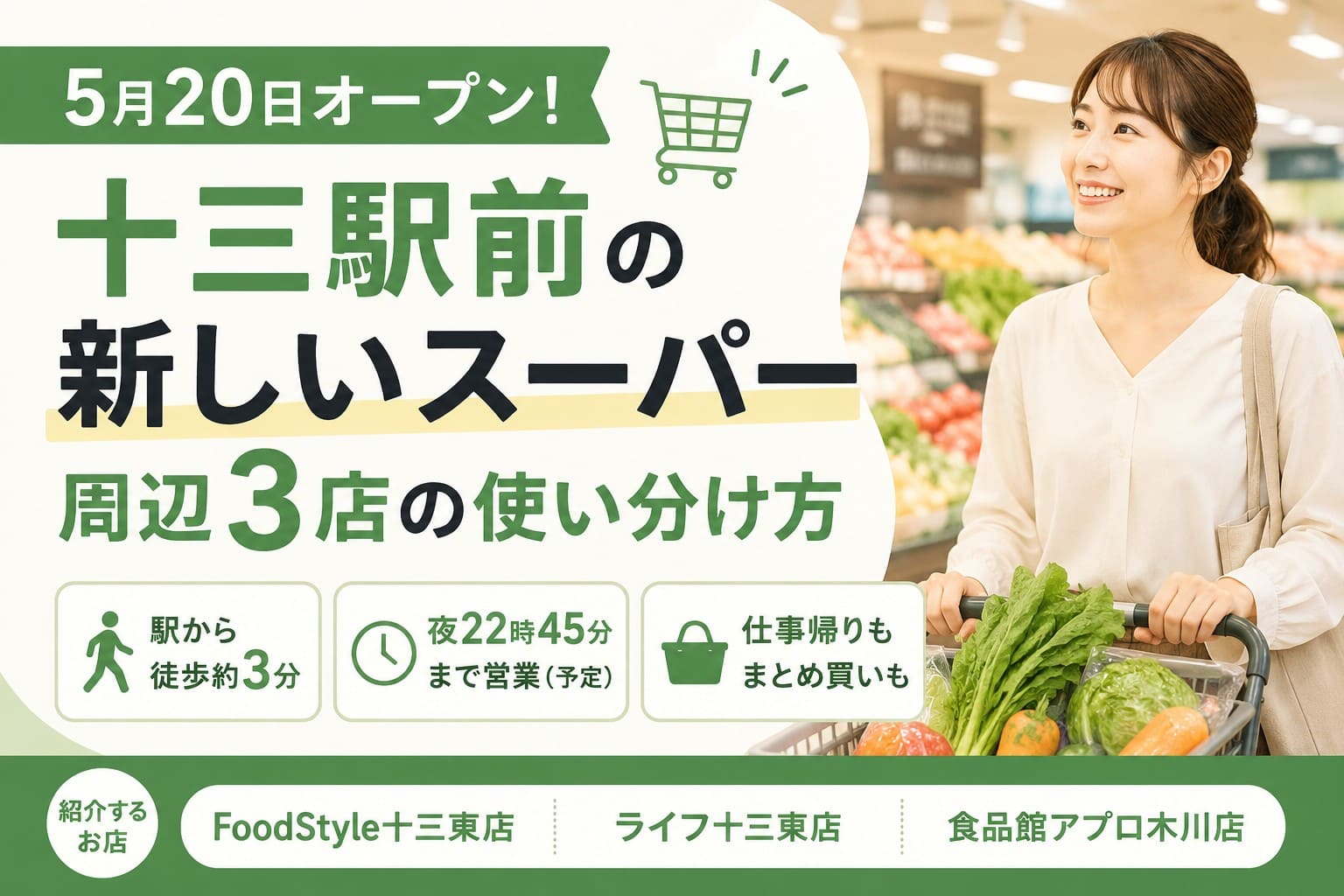 十三駅前に新しくオープンするFoodStyle十三東店と周辺スーパー3店の使い分けを紹介するアイキャッチ画像