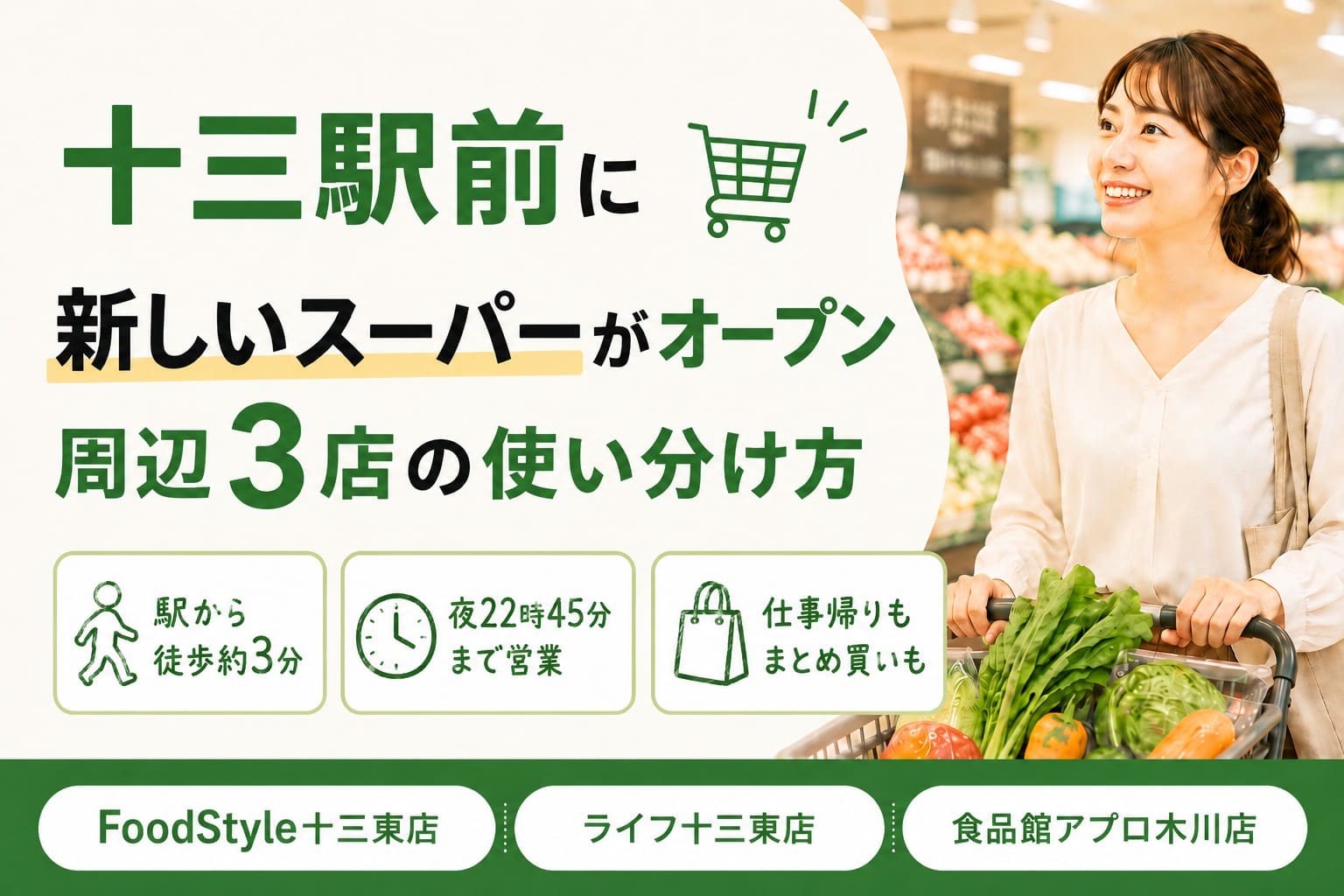 FoodStyle十三東店のオープンと、ライフ十三東店・食品館アプロ木川店を含む十三駅周辺スーパー3店の使い分けを紹介するアイキャッチ画像