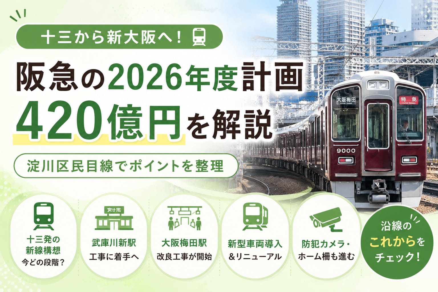 阪急の2026年度設備投資計画について、十三から新大阪への新線構想や駅・車両の変化を淀川区民目線で紹介するアイキャッチ画像