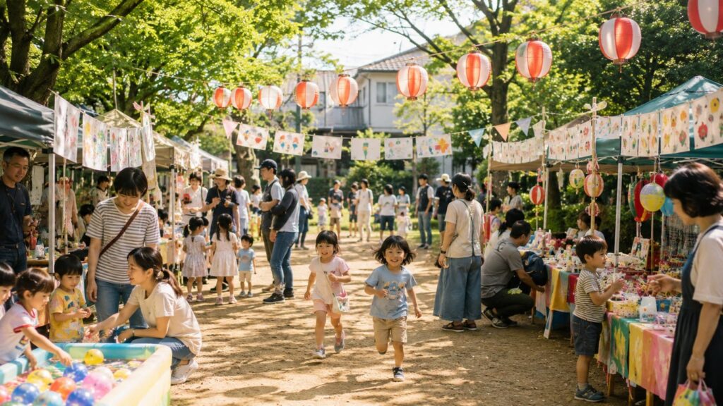 十三東公園で開催される十三こどもキラキラまつりのイメージ。子どもたちが遊ぶ春の地域のお祭り風景。