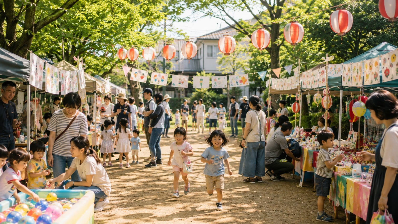 十三東公園で開催される十三こどもキラキラまつりのイメージ。子どもたちが遊ぶ春の地域のお祭り風景。