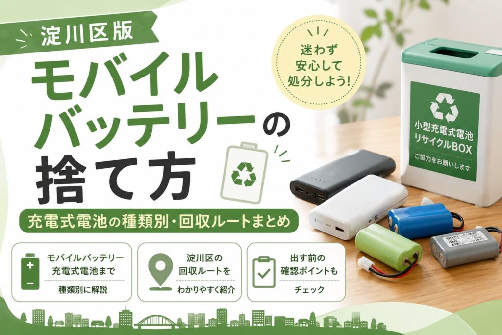 淀川区版のモバイルバッテリーの捨て方を紹介するアイキャッチ画像。充電式電池と回収ボックスが描かれている。