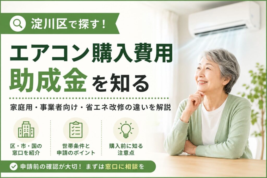 淀川区でエアコン購入費用の助成金を探す方向けに、相談窓口や申請前の確認ポイントを伝えるアイキャッチ画像。