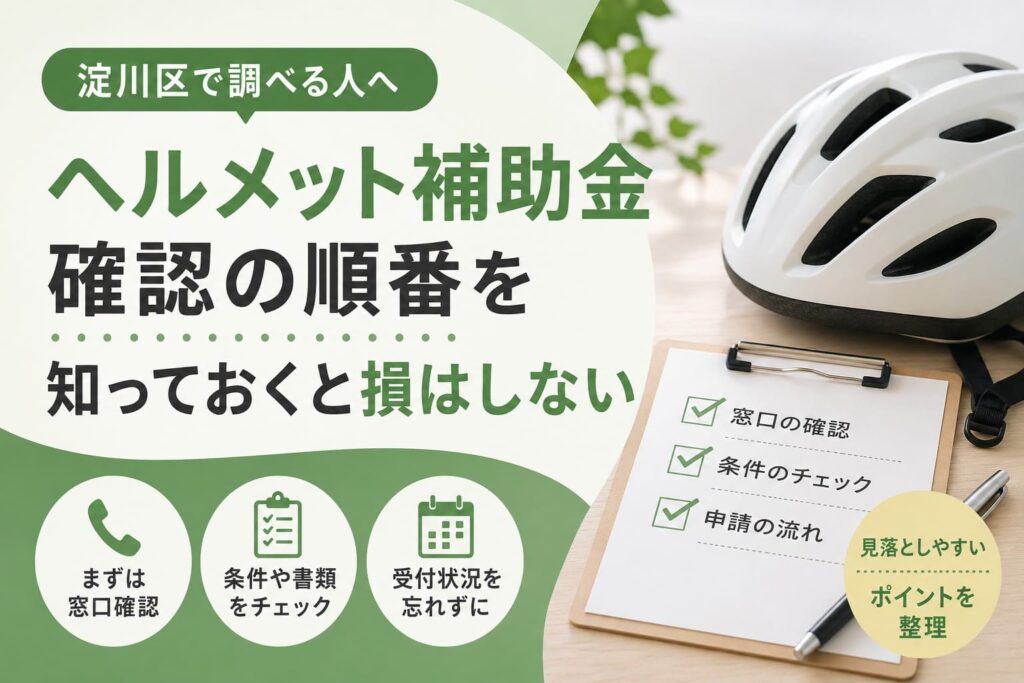 淀川区の自転車ヘルメット補助金について、大阪市には現在制度がないことと確認の順番を案内するアイキャッチ画像