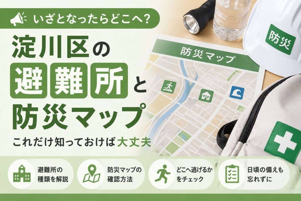 淀川区の避難所と防災マップを確認するためのアイキャッチ画像。防災マップ、非常用持ち出し袋、ヘルメット、懐中電灯が写っている。