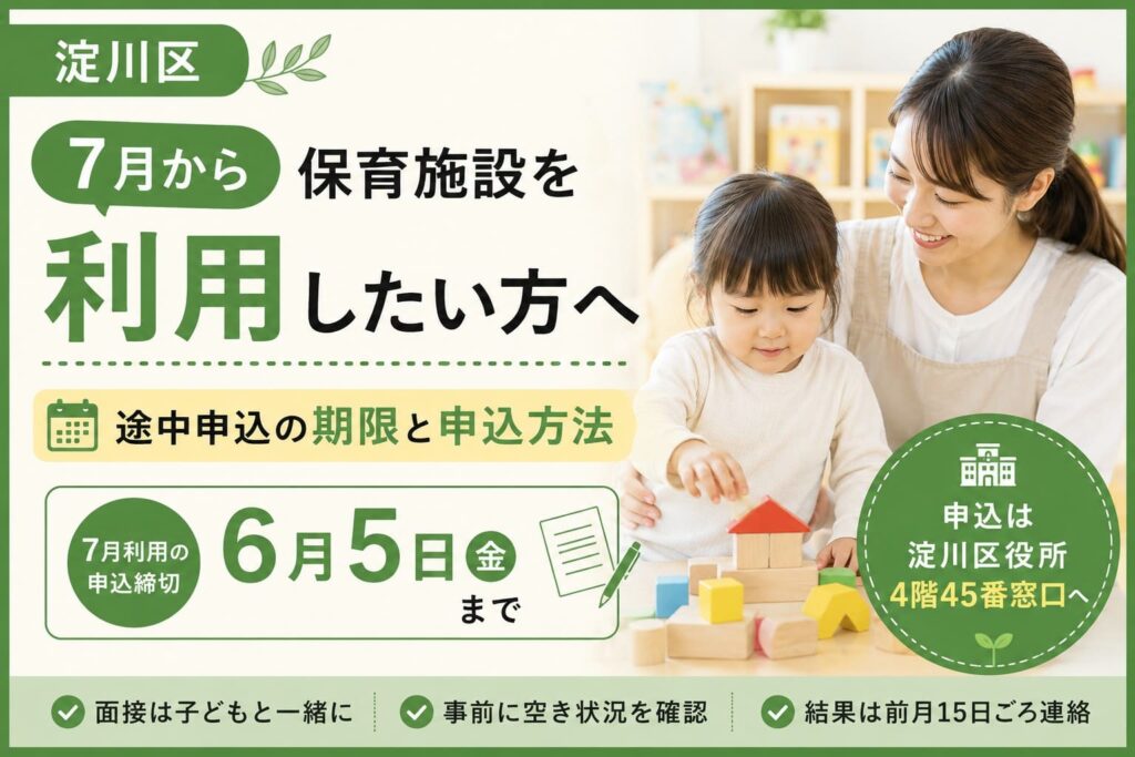 淀川区で7月から保育施設を利用したい方向けに、途中申込の締切と申込方法を案内するアイキャッチ画像