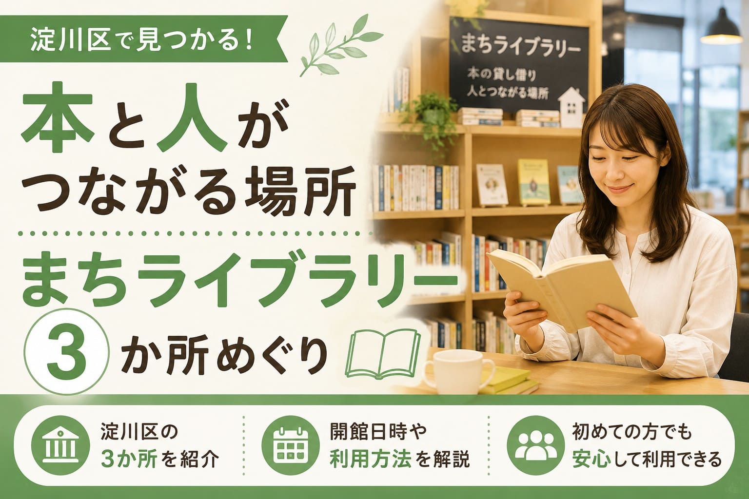 淀川区のまちライブラリー3か所めぐりを紹介するアイキャッチ画像。本棚のある空間で女性が本を読んでいる。