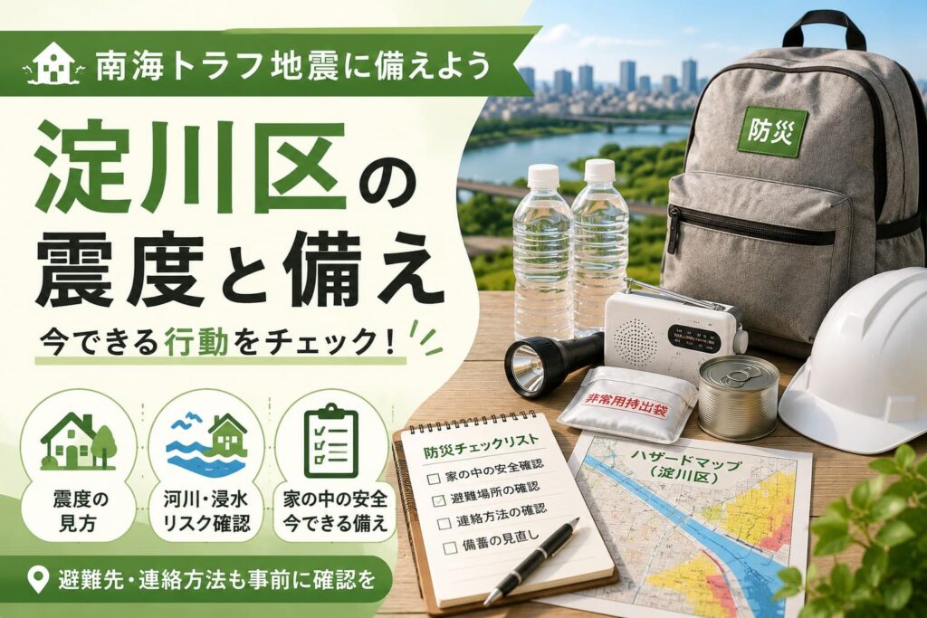 淀川区の南海トラフ地震への備えを伝えるアイキャッチ画像。防災リュックや水、地図、チェックリストとともに震度や浸水リスク、今できる備えを紹介している。