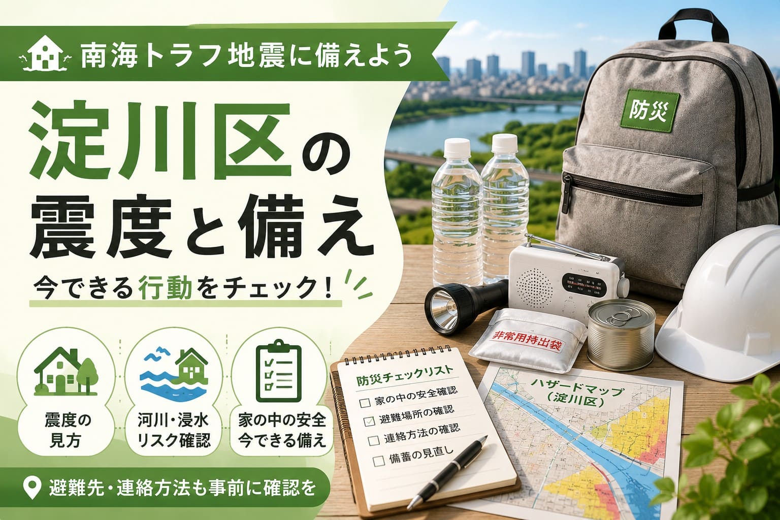 淀川区の南海トラフ地震への備えを伝えるアイキャッチ画像。防災リュックや水、地図、チェックリストとともに震度や浸水リスク、今できる備えを紹介している。