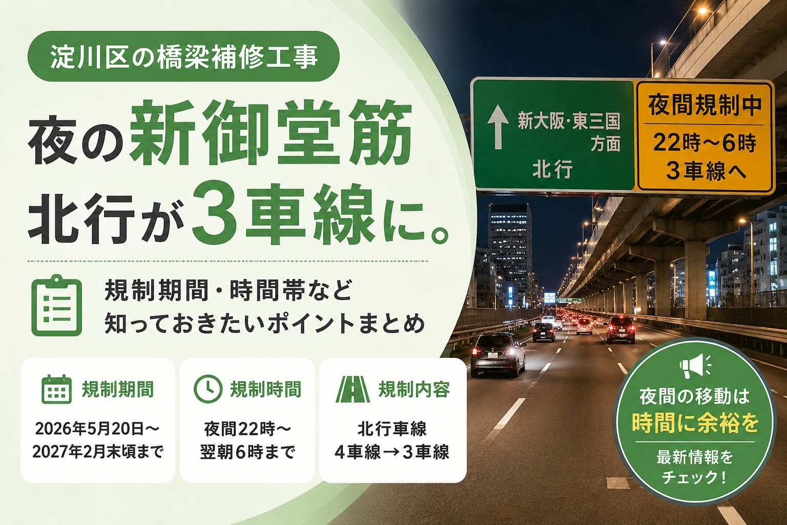 夜の新御堂筋で淀川区の橋梁補修工事により北行車線が3車線になることを知らせるアイキャッチ画像