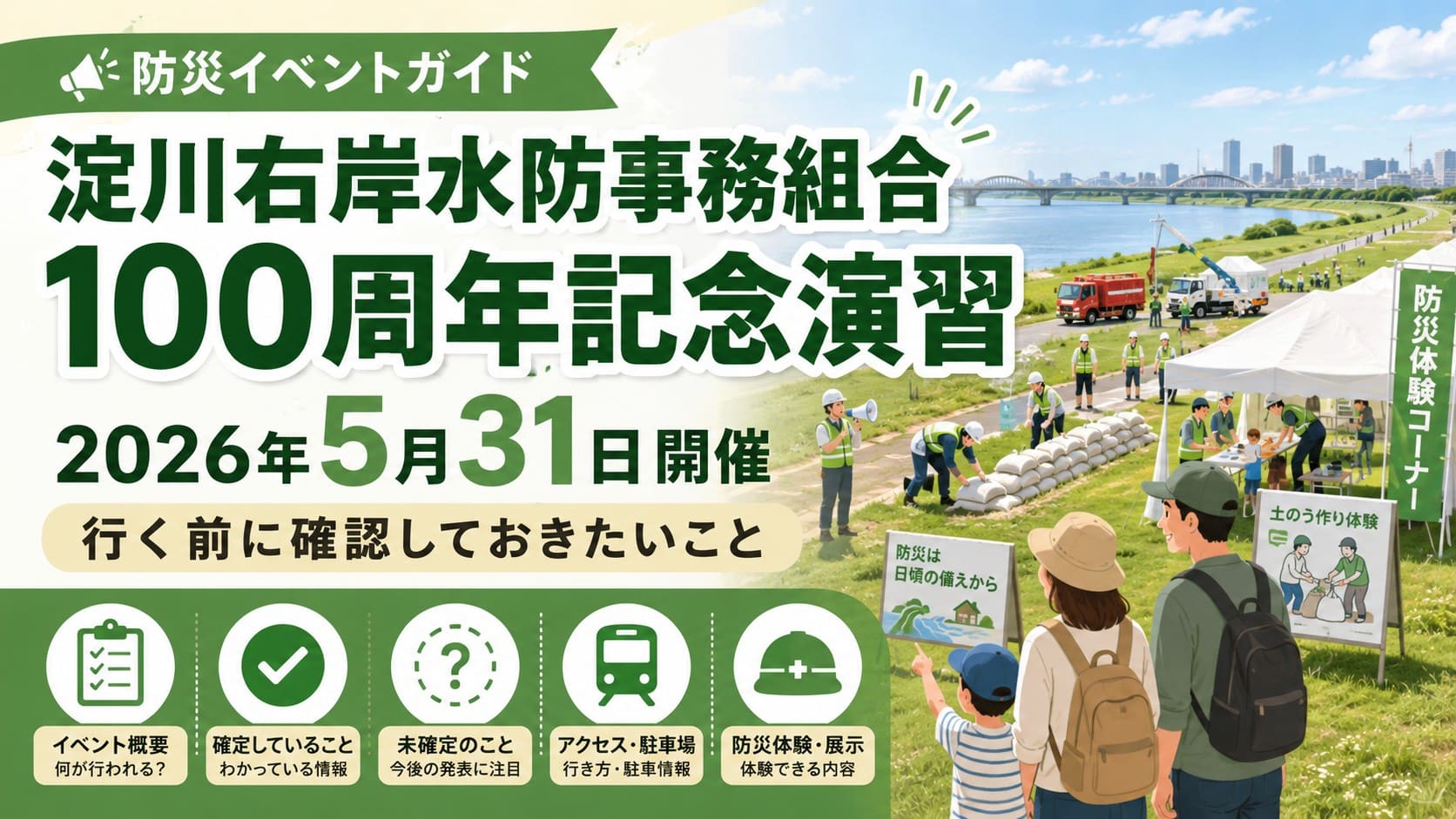 淀川右岸水防事務組合100周年記念演習の案内アイキャッチ。2026年5月31日開催の防災イベントガイドとして、淀川河川敷での水防演習や防災体験を紹介している画像。
