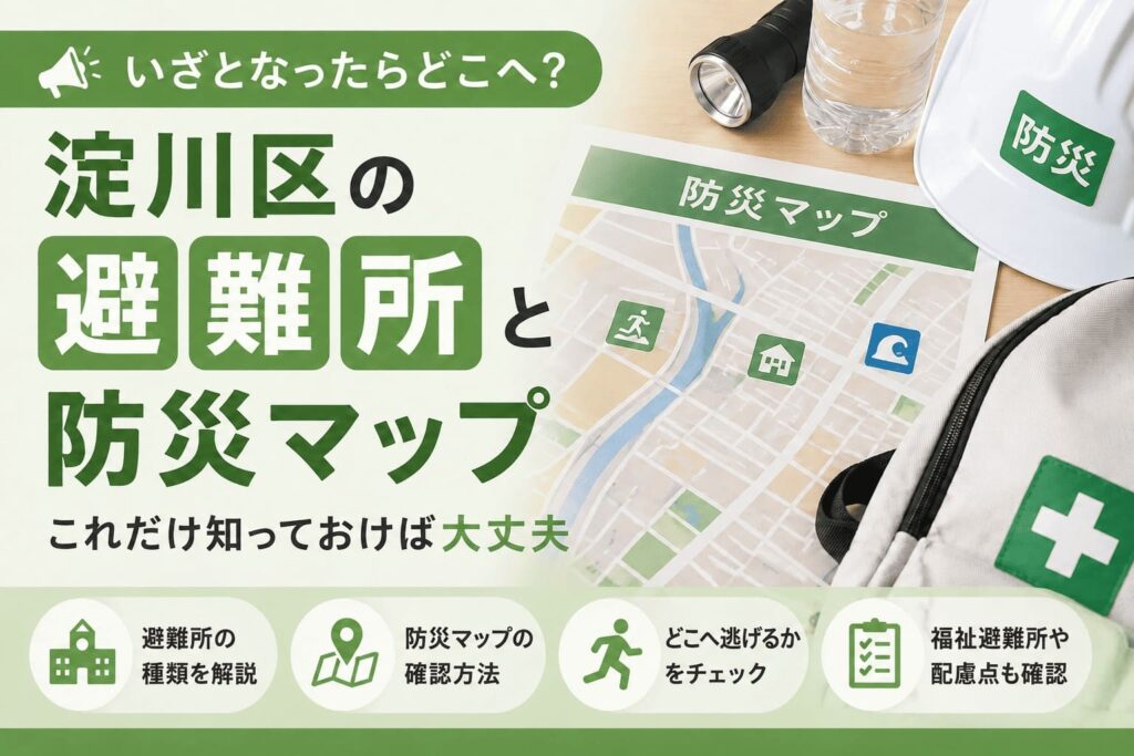 淀川区の避難所と防災マップを紹介するアイキャッチ画像。防災マップ、懐中電灯、水、防災ヘルメット、防災リュックが並んでいる