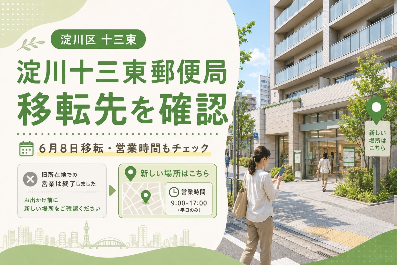 淀川十三東郵便局の移転先確認を知らせるアイキャッチ。淀川区十三東の新しい場所と6月8日移転、営業時間確認を案内している。