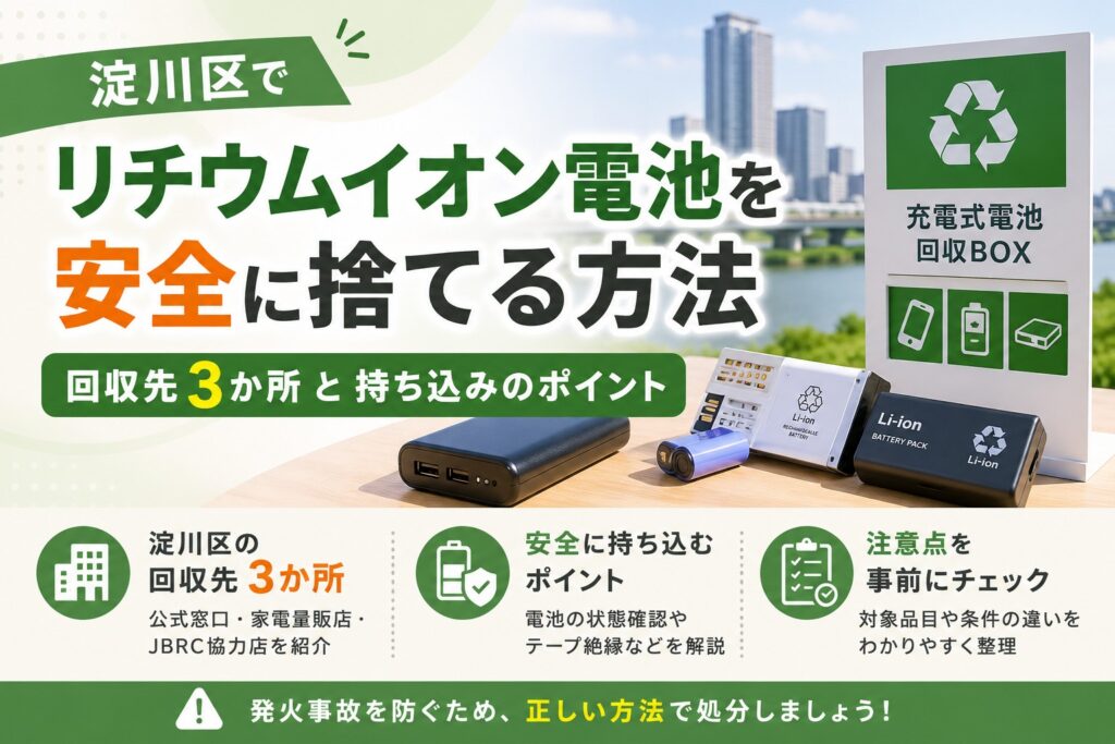 淀川区でリチウムイオン電池を安全に捨てる方法を示したアイキャッチ画像。回収先3か所と持ち込み時の注意点を案内している。
