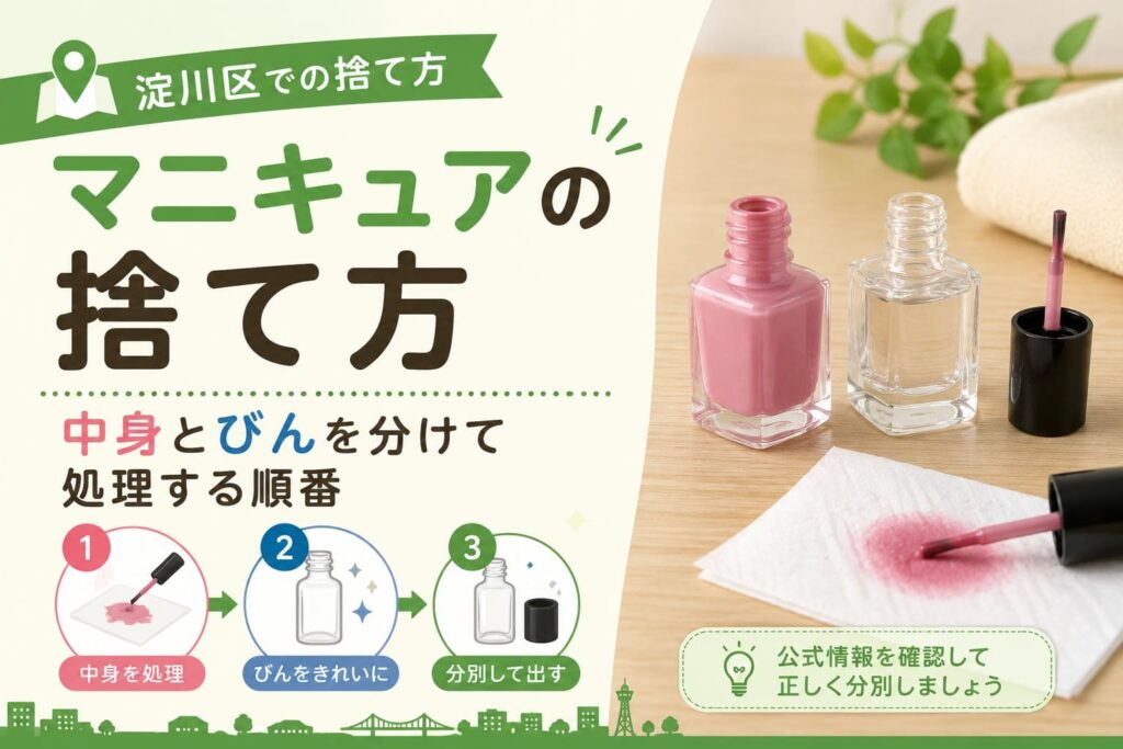 淀川区でのマニキュアの捨て方として、中身を処理し、びんをきれいにして分別する流れを示したアイキャッチ画像