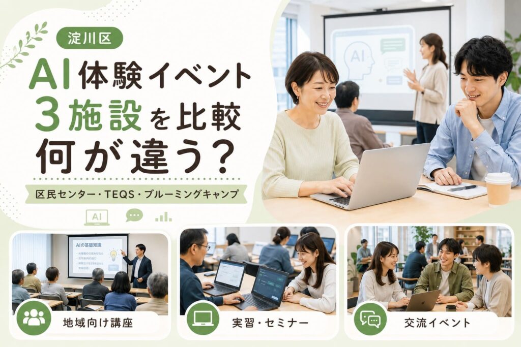 淀川区のAI体験イベントについて、区民センター・TEQS・ブルーミングキャンプの3施設の違いを比較するアイキャッチ画像