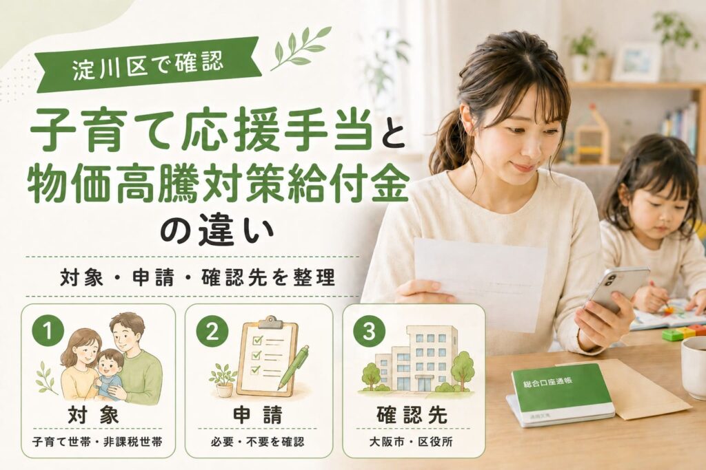 子育て応援手当と物価高騰対策給付金の違いを確認するため、親子の生活シーンと対象・申請・確認先の3項目を配置した淀川区向けアイキャッチ画像。