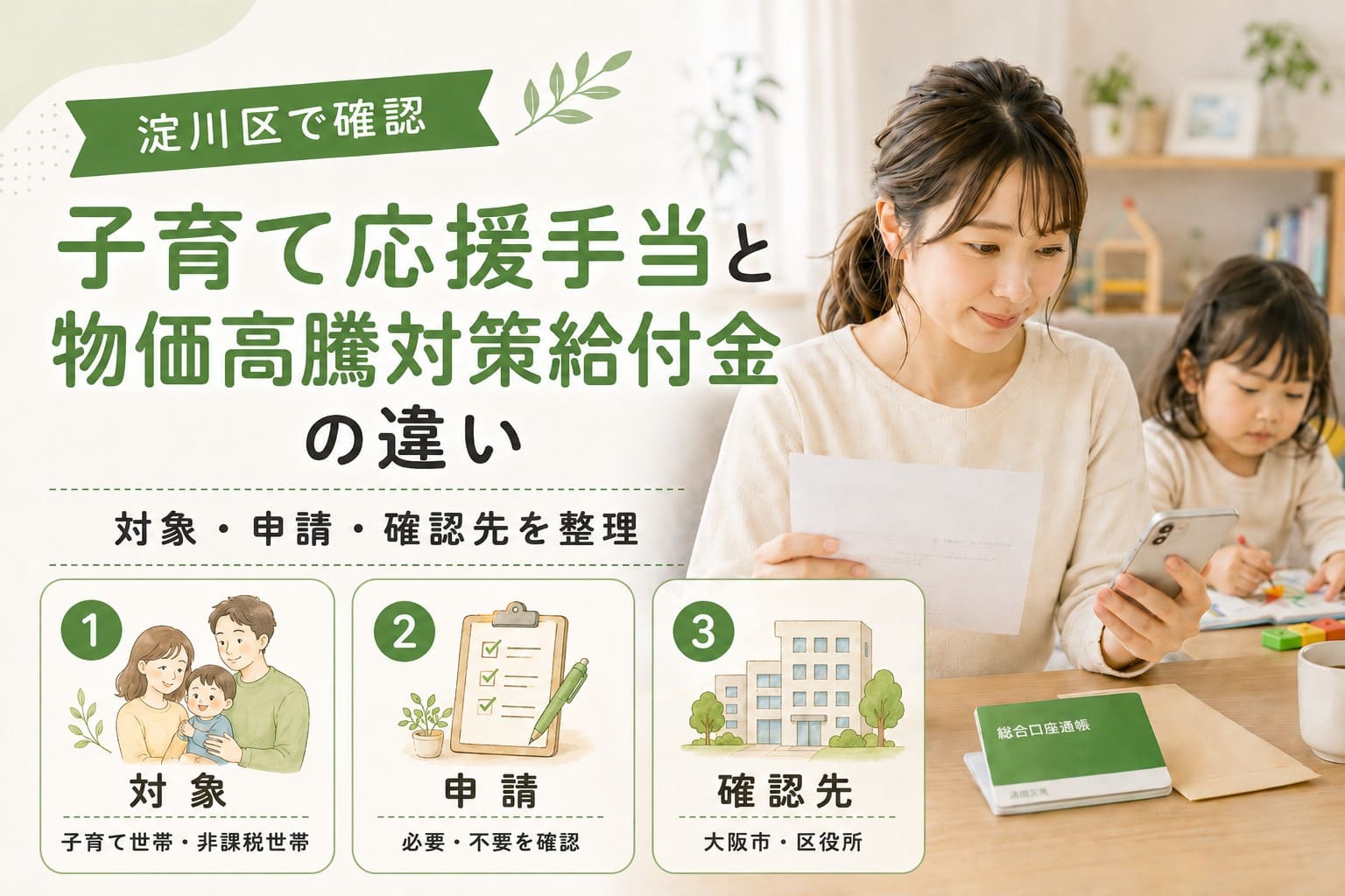 子育て応援手当と物価高騰対策給付金の違いを確認するため、親子の生活シーンと対象・申請・確認先の3項目を配置した淀川区向けアイキャッチ画像。