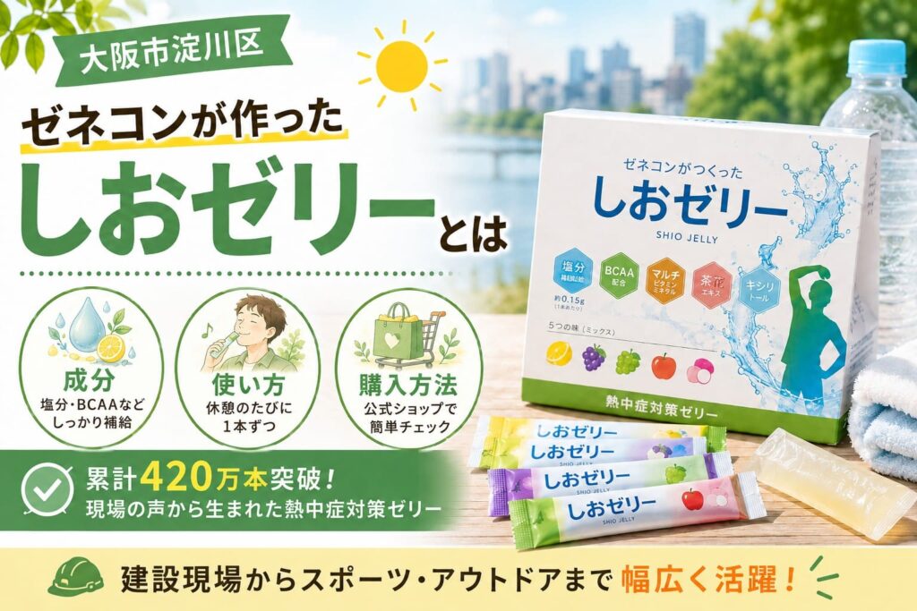 大阪市淀川区の建設会社が開発した熱中症対策しおゼリーの特徴、成分、使い方、購入方法を紹介するアイキャッチ画像
