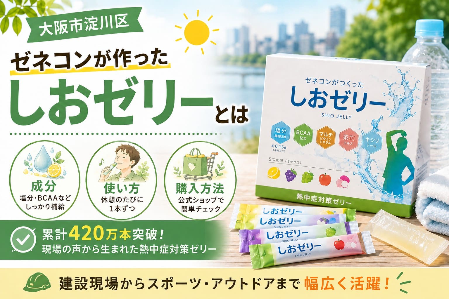 大阪市淀川区の建設会社が開発した熱中症対策しおゼリーの特徴、成分、使い方、購入方法を紹介するアイキャッチ画像