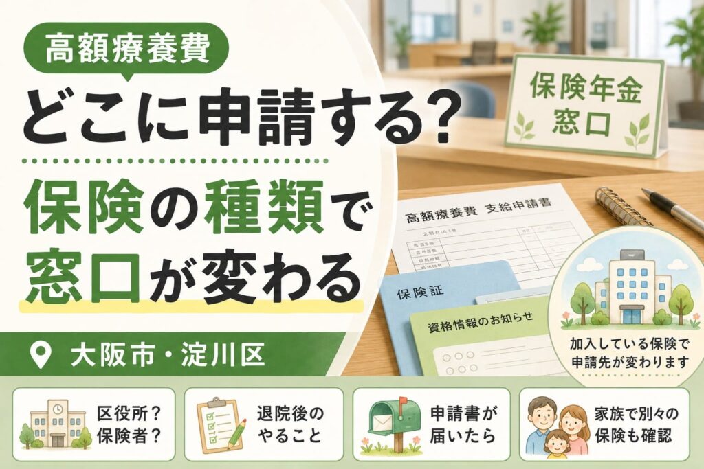 大阪市・淀川区で高額療養費の申請先を確認するため、保険証や申請書、区役所・保険者の窓口をやさしいタッチで示したアイキャッチ画像