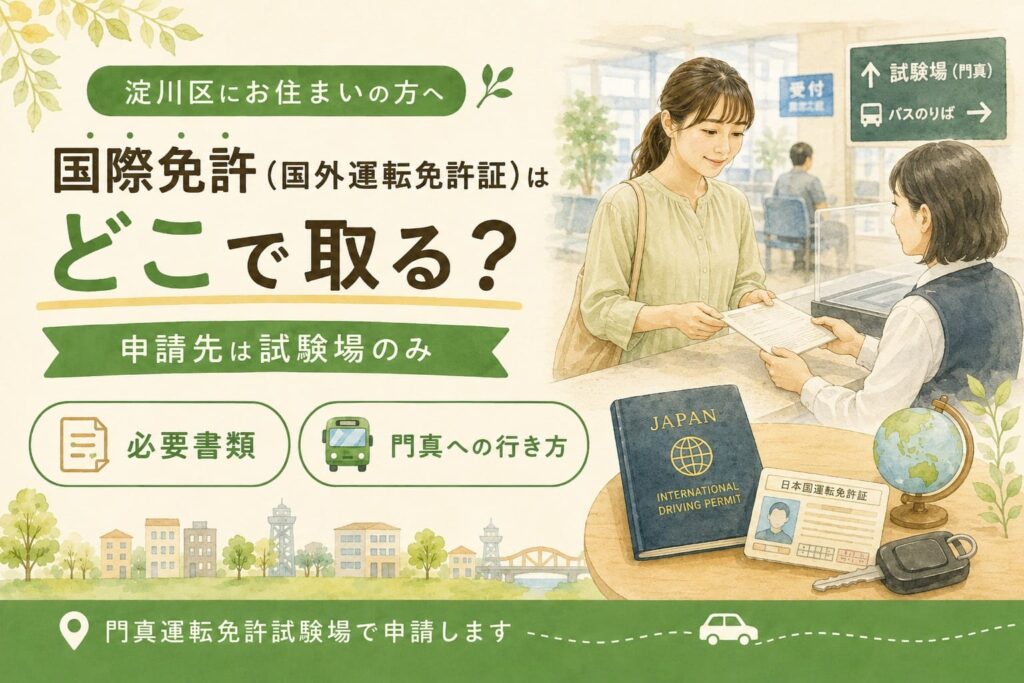 淀川区から国際免許を取得する人向けに、申請先が運転免許試験場のみであることを伝える温かみのあるアイキャッチ画像