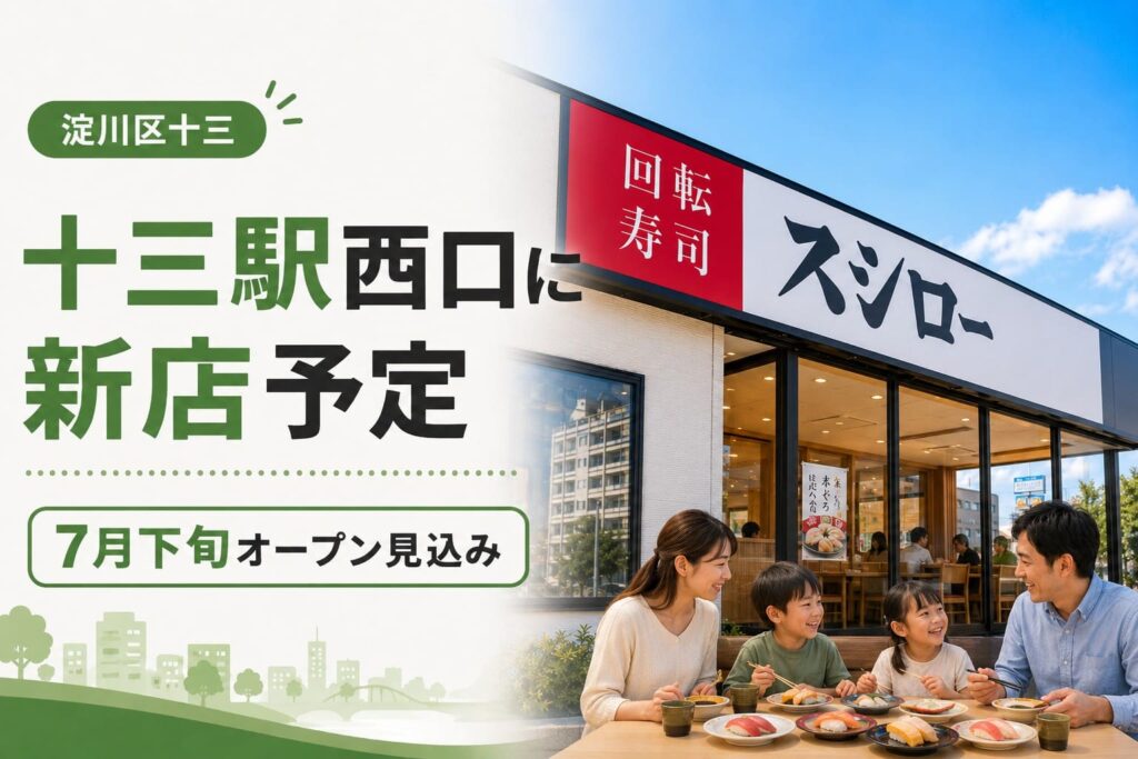 淀川区十三の十三駅西口に新店予定と書かれたアイキャッチ。スシローの店舗外観と、家族が寿司を楽しむ食事風景が描かれている。