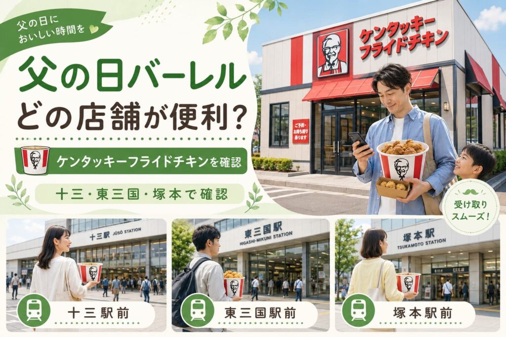 父の日バーレルをケンタッキーフライドチキンで受け取る店舗を、十三駅前・東三国駅前・塚本駅前の3エリアで確認するアイキャッチ画像。