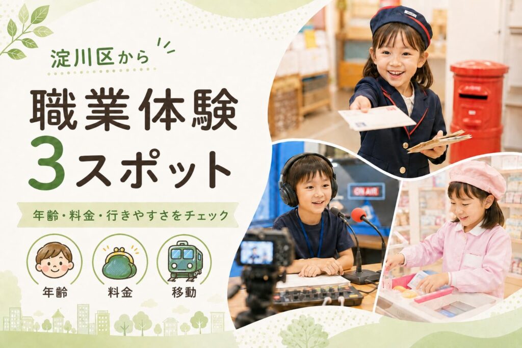 淀川区から行きやすい子どもの職業体験3スポットを、年齢・料金・移動の確認ポイントとともに紹介するアイキャッチ画像。