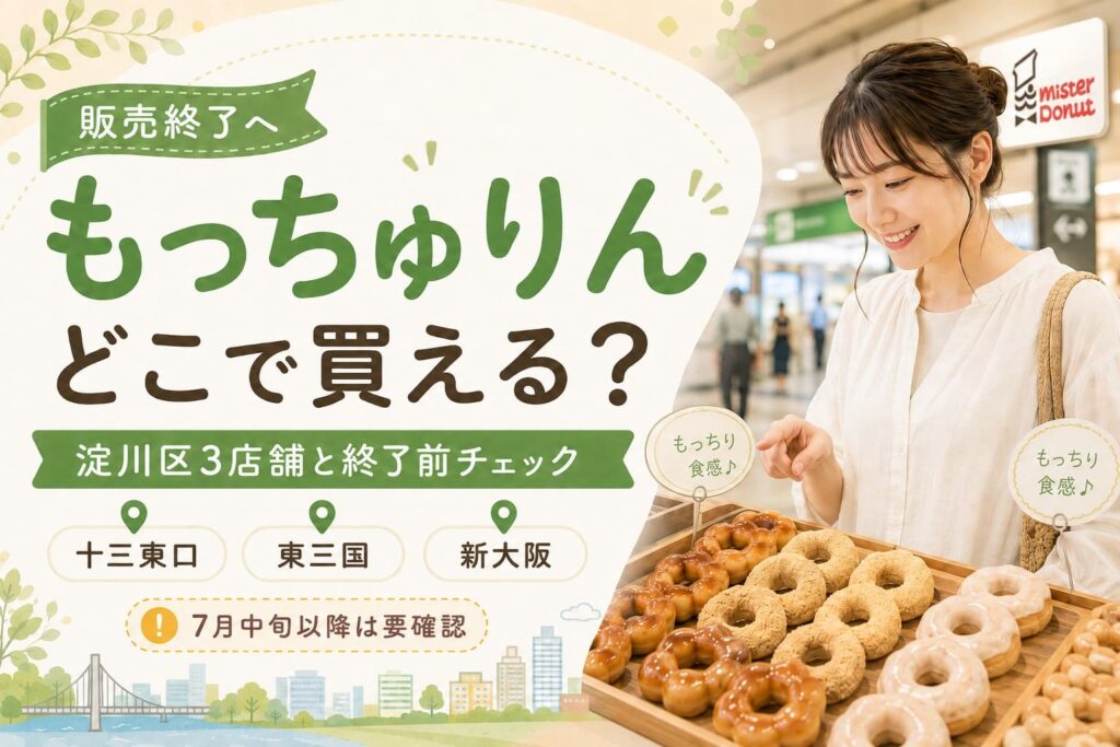 ミスタードーナツのもっちゅりん販売終了前に、淀川区の十三東口・東三国・新大阪の3店舗で確認するポイントを伝えるアイキャッチ画像