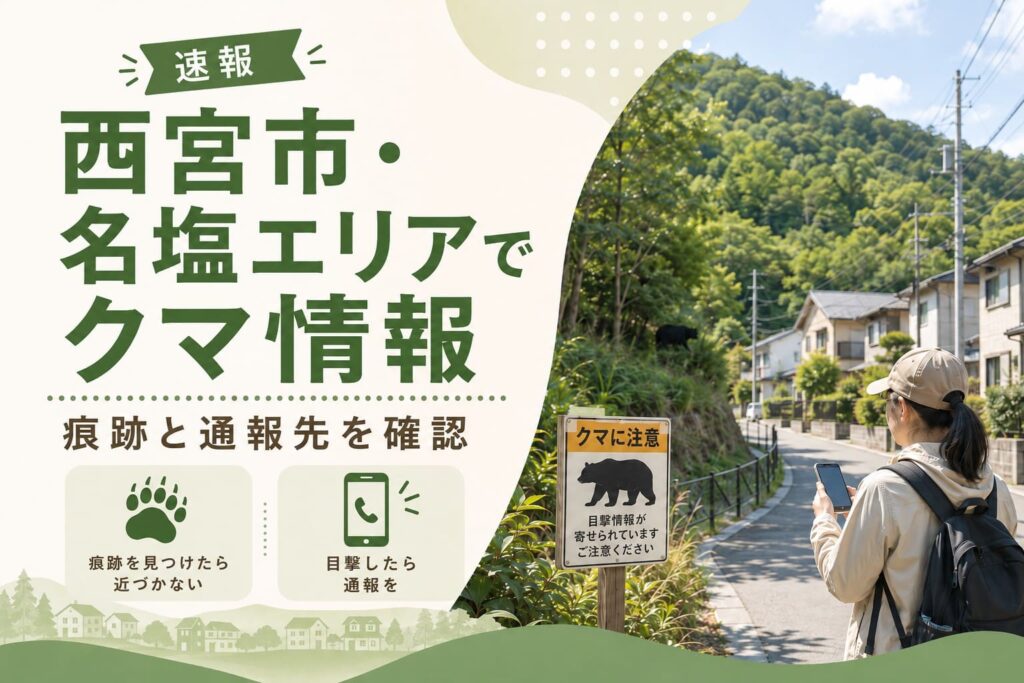 西宮市名塩エリアの山ぎわと住宅地を背景に、クマの目撃情報や痕跡、通報先の確認を呼びかけるアイキャッチ画像