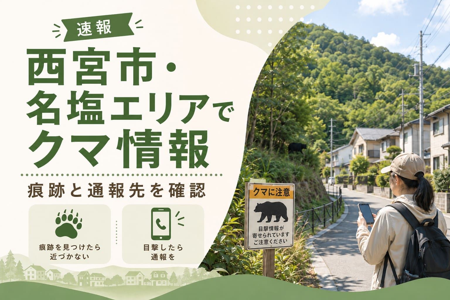 西宮市名塩エリアの山ぎわと住宅地を背景に、クマの目撃情報や痕跡、通報先の確認を呼びかけるアイキャッチ画像