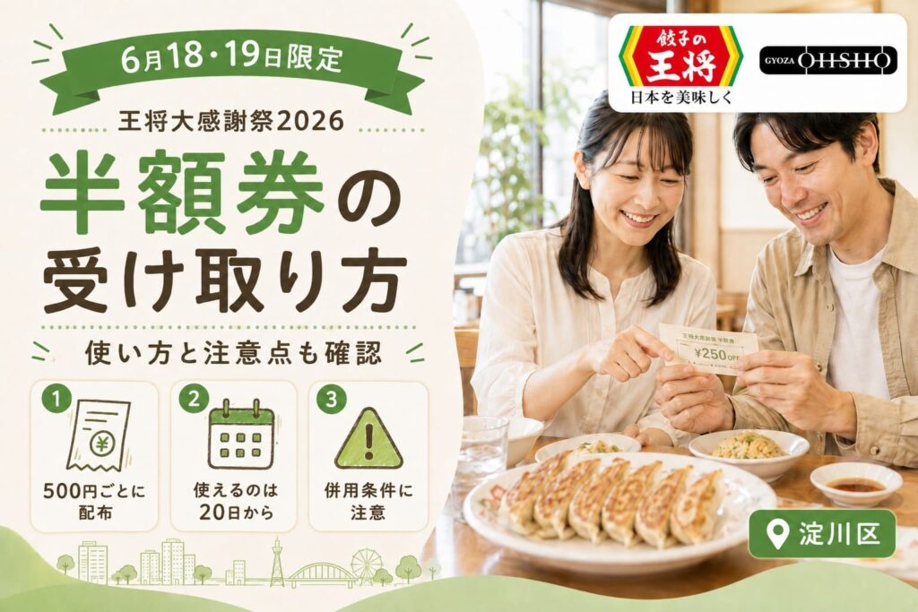 淀川区の王将大感謝祭2026について、6月18日・19日限定の半額券の受け取り方と注意点を紹介するアイキャッチ画像