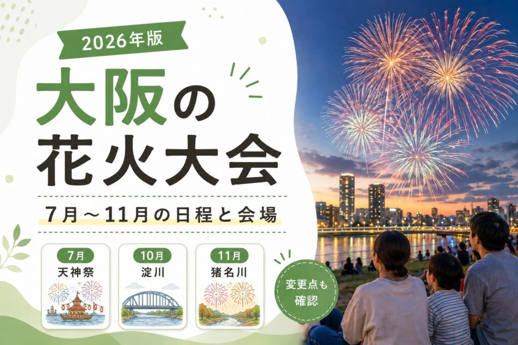 2026年版大阪の花火大会について、7月から11月の日程と会場を紹介するアイキャッチ画像。右側に川沿いで花火を見上げる家族、左側に「大阪の花火大会」「7月〜11月の日程と会場」と表示。