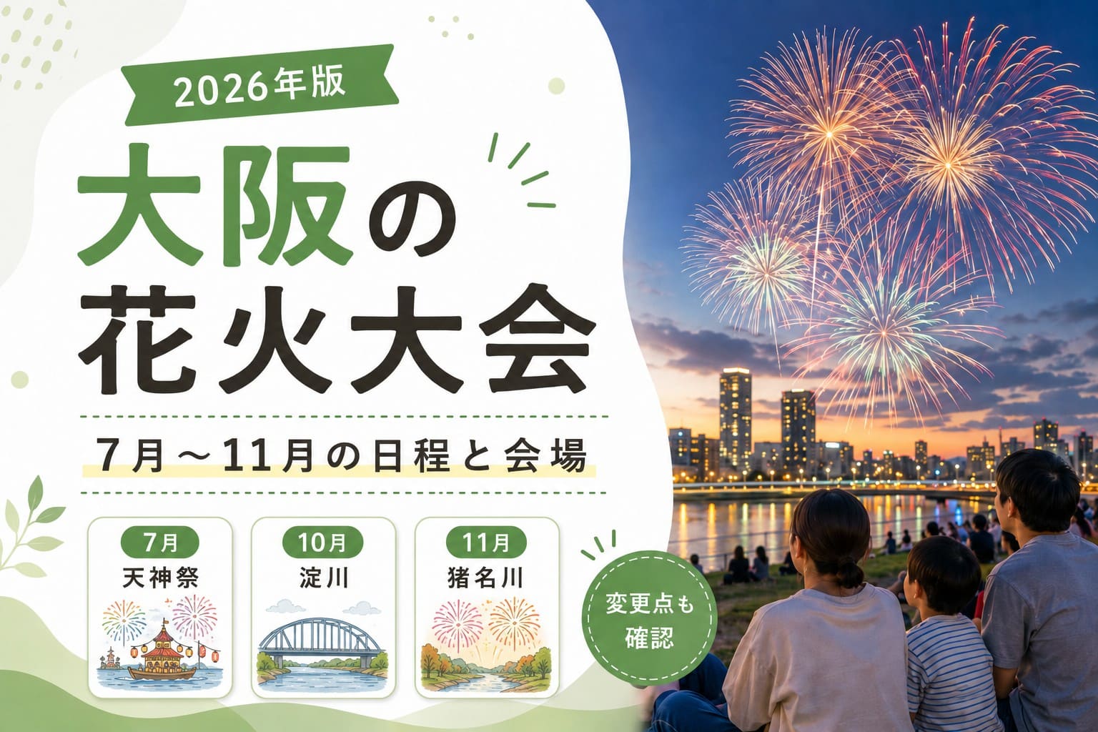 2026年版大阪の花火大会について、7月から11月の日程と会場を紹介するアイキャッチ画像。右側に川沿いで花火を見上げる家族、左側に「大阪の花火大会」「7月〜11月の日程と会場」と表示。