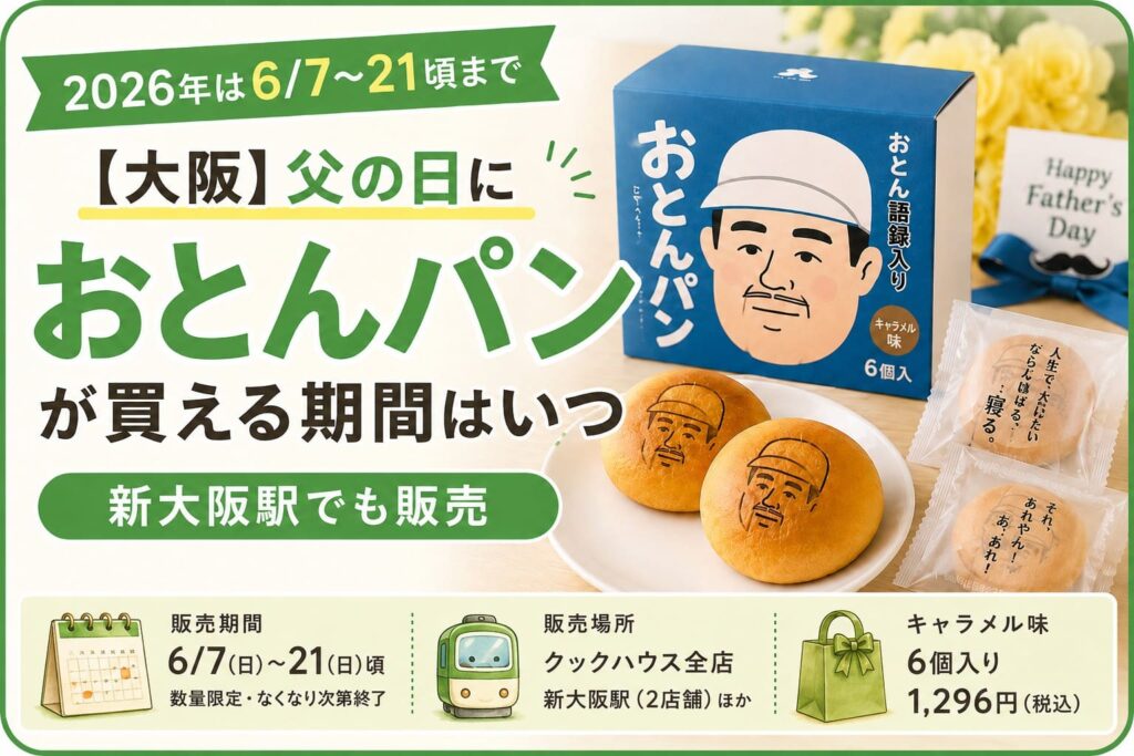 父の日向けの「おとんパン」が6月7日から21日頃まで大阪・新大阪駅などで販売されることを伝えるアイキャッチ画像