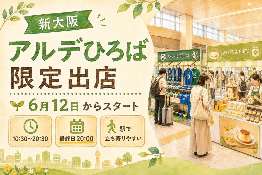 新大阪のアルデひろばで6月12日から始まる期間限定出店を知らせる、温かみのある緑基調のアイキャッチ画像