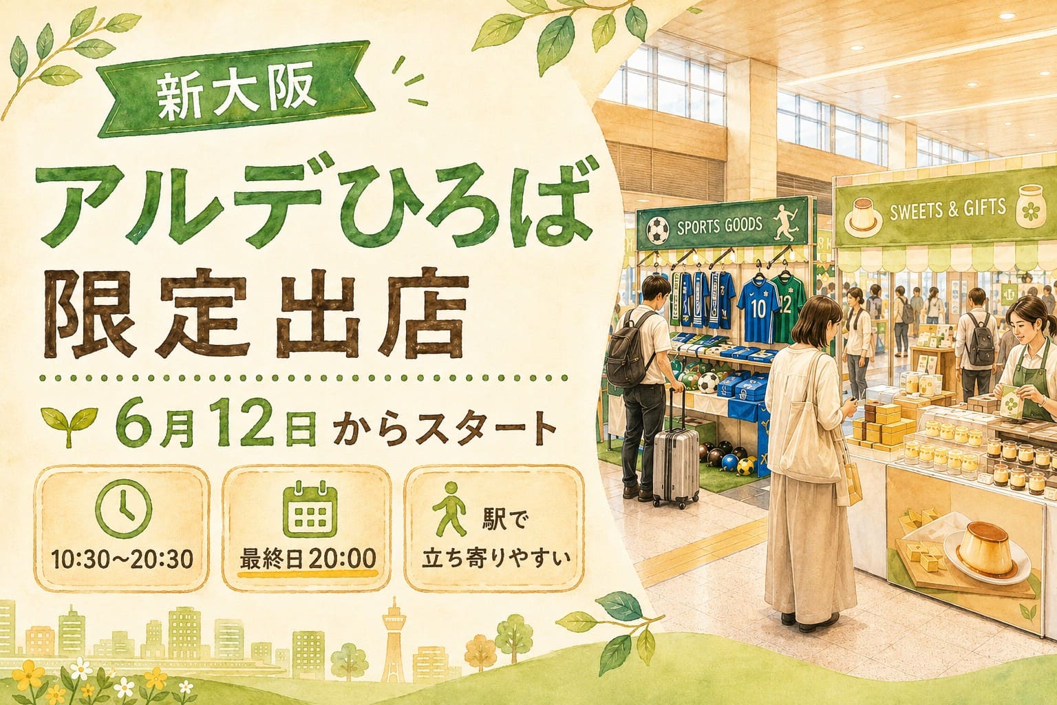 新大阪のアルデひろばで6月12日から始まる期間限定出店を知らせる、温かみのある緑基調のアイキャッチ画像