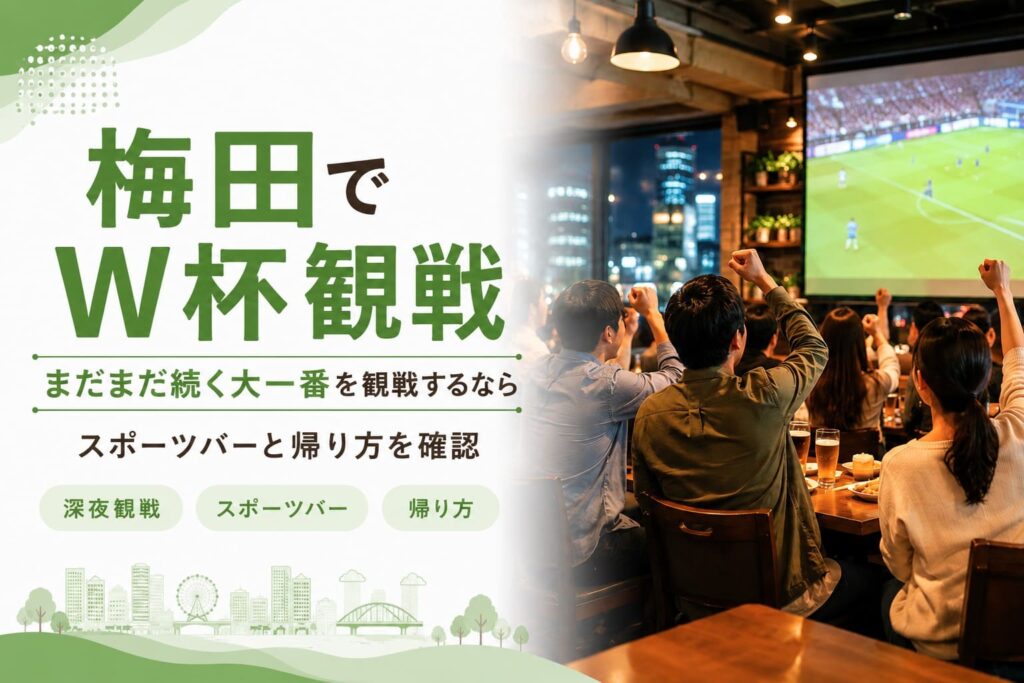 梅田のスポーツバーでサッカーの試合を観戦する人々と、「梅田でW杯観戦」「まだまだ続く大一番を観戦するなら」の文字が入ったアイキャッチ画像。