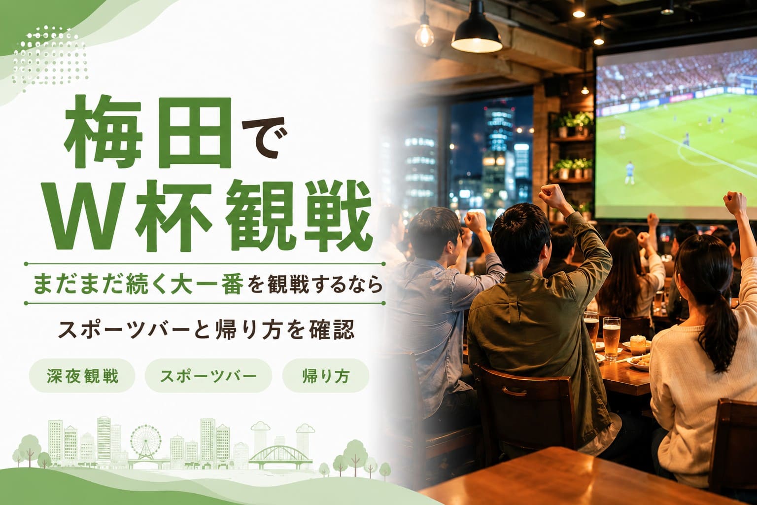 梅田のスポーツバーでサッカーの試合を観戦する人々と、「梅田でW杯観戦」「まだまだ続く大一番を観戦するなら」の文字が入ったアイキャッチ画像。
