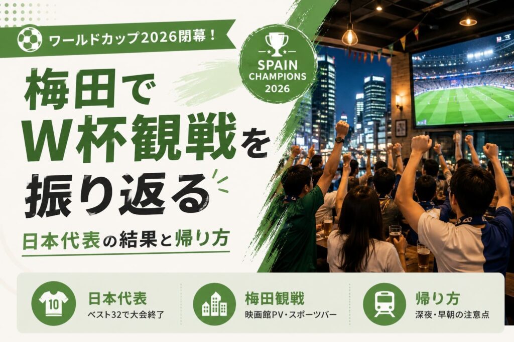 梅田のスポーツバーでサッカー観戦を楽しむ人たちと、ワールドカップ2026を振り返る見出しが入ったアイキャッチ画像