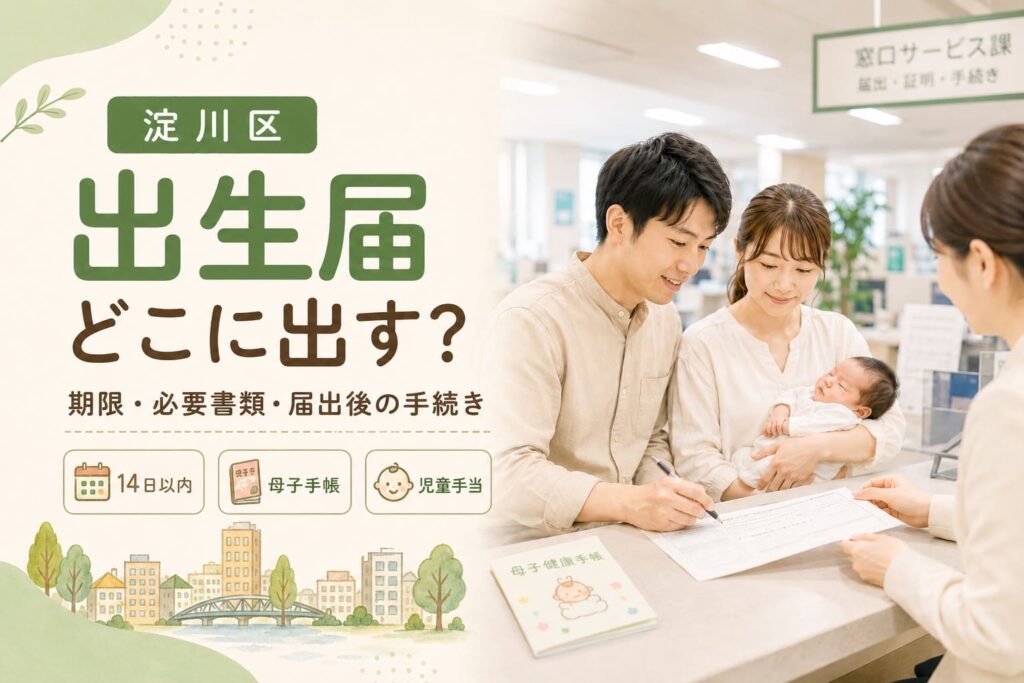 淀川区で出生届を出す場所や期限、必要書類、届出後の手続きを確認できるアイキャッチ画像。