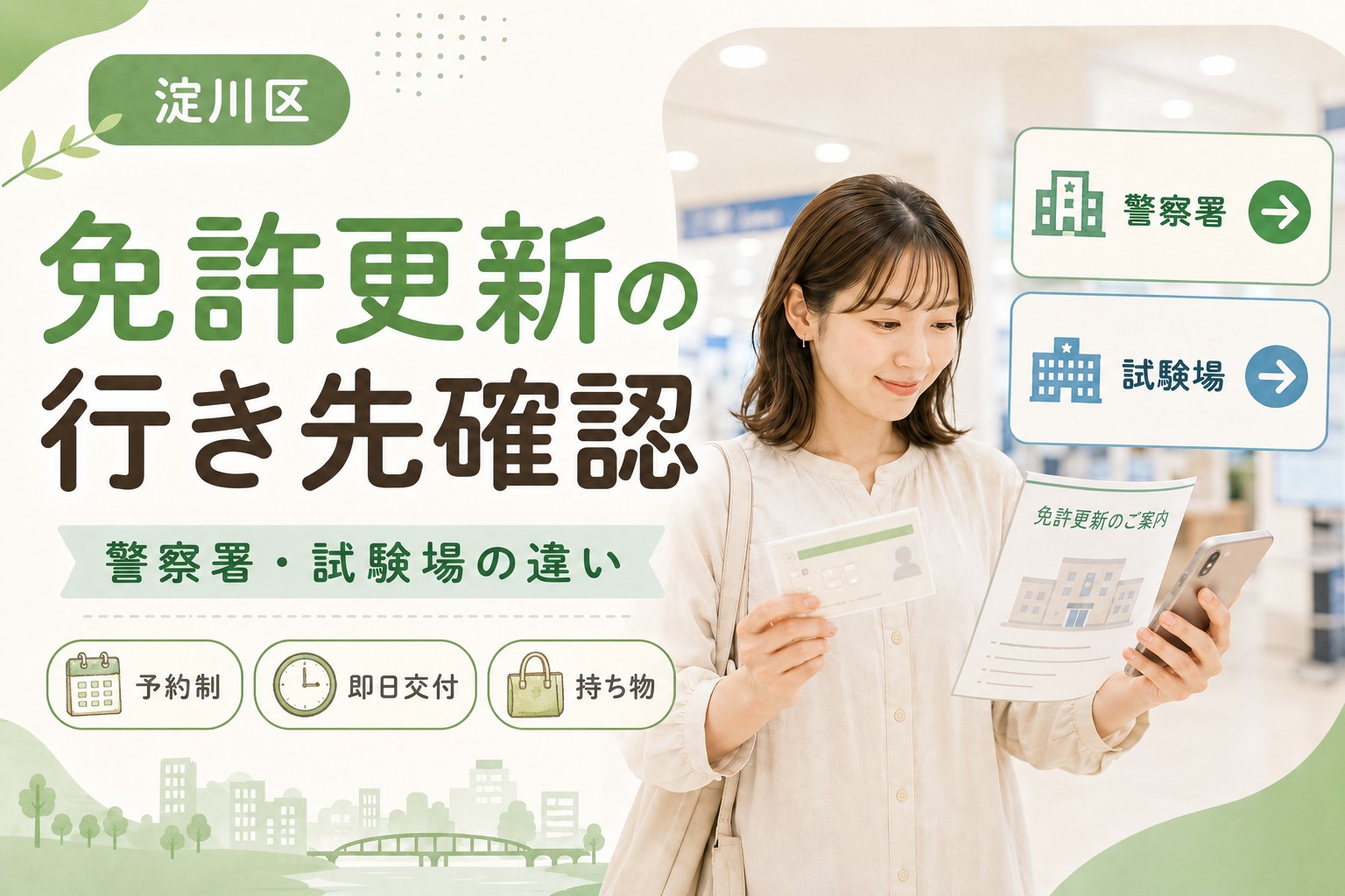 淀川区の運転免許更新について、警察署と試験場の違いや予約制、即日交付、持ち物を整理したアイキャッチ画像。