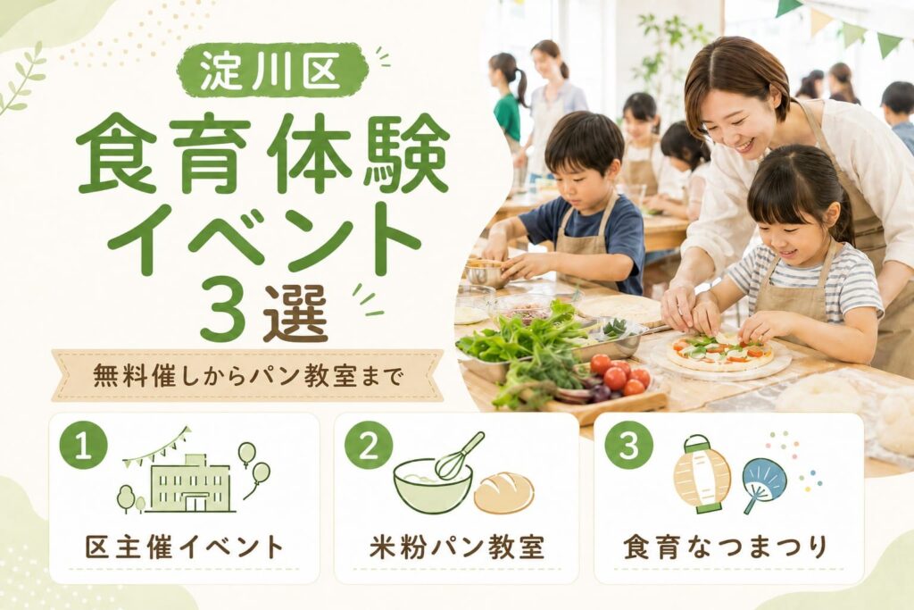 淀川区の食育体験イベント3選を紹介するアイキャッチ。親子が明るい室内で料理体験を楽しむ様子と、区主催イベント、米粉パン教室、食育なつまつりの3項目が並んでいる。