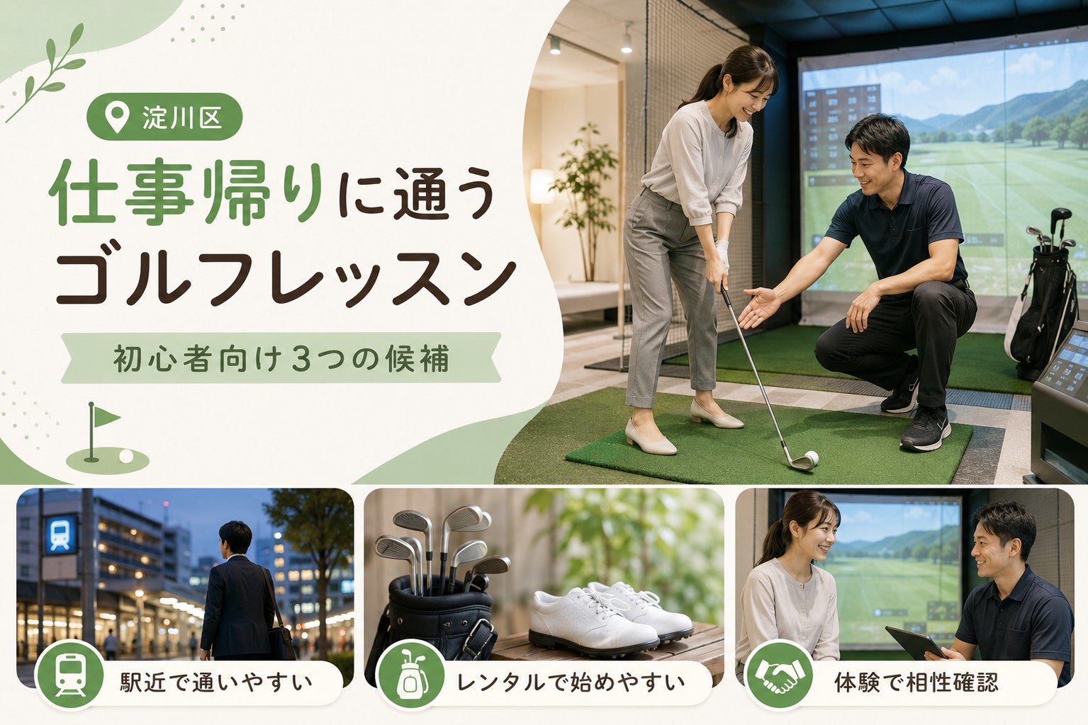 淀川区から仕事帰りに通える初心者向けゴルフレッスンを紹介するアイキャッチ画像
