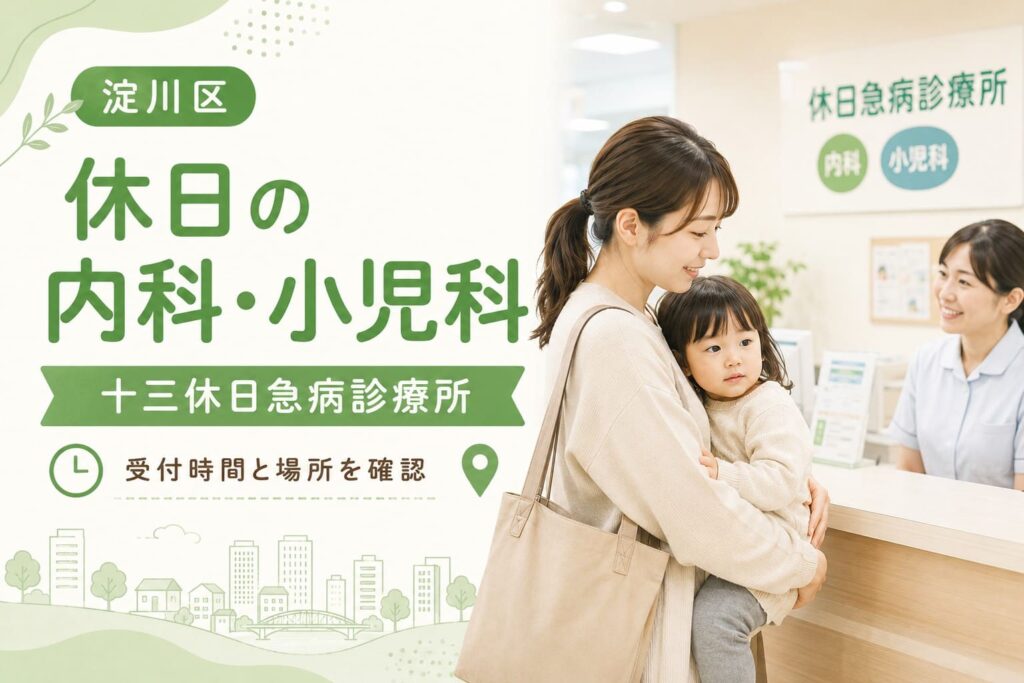 淀川区の休日の内科・小児科として、十三休日急病診療所の受付時間と場所を案内するアイキャッチ画像