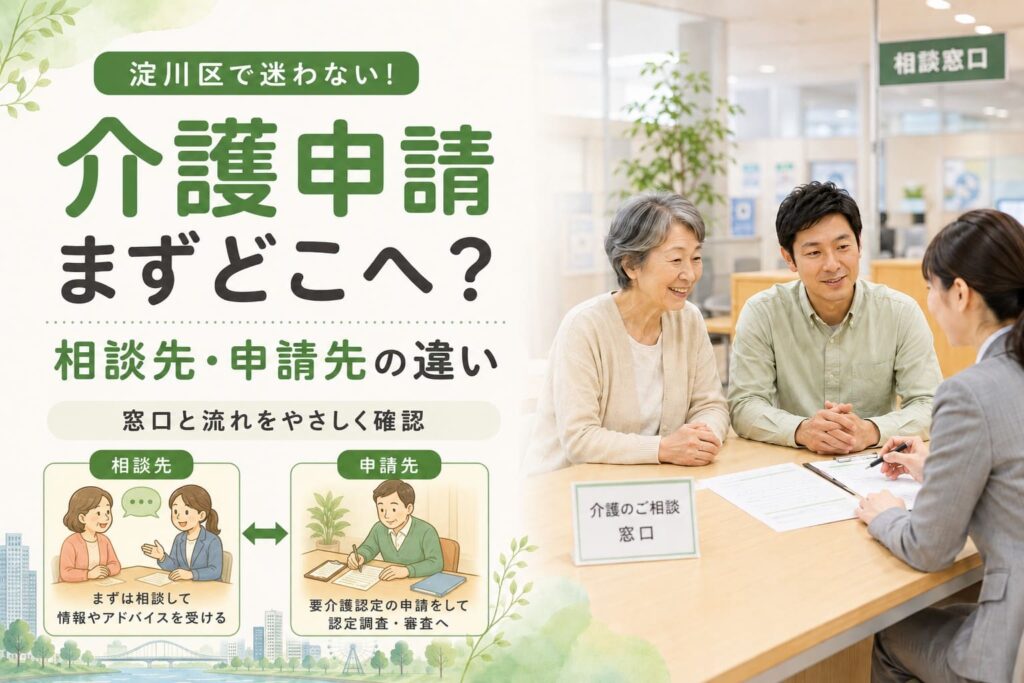 淀川区の介護申請について、相談先と申請先の違いをやさしく説明するアイキャッチ画像。窓口で高齢者と家族が相談している様子と、相談先・申請先の流れを温かみのあるイラストで表現。