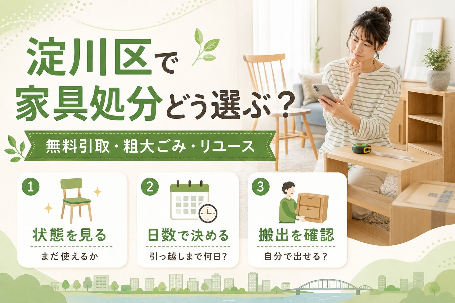 淀川区で家具を処分する方法を、無料引き取り・粗大ごみ・リユースの3つの選択肢と、家具の状態・引っ越しまでの日数・搬出可否の確認ポイントで紹介するアイキャッチ画像