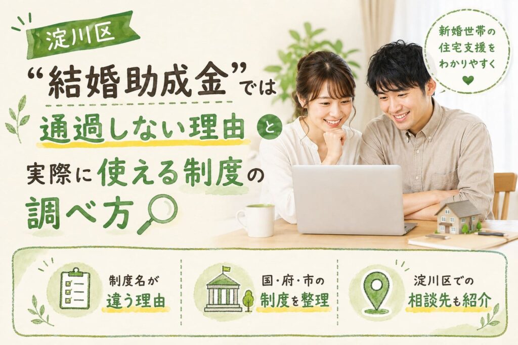淀川区の新婚世帯向け住宅支援について、制度名の違いや相談先をやわらかく示したアイキャッチ画像