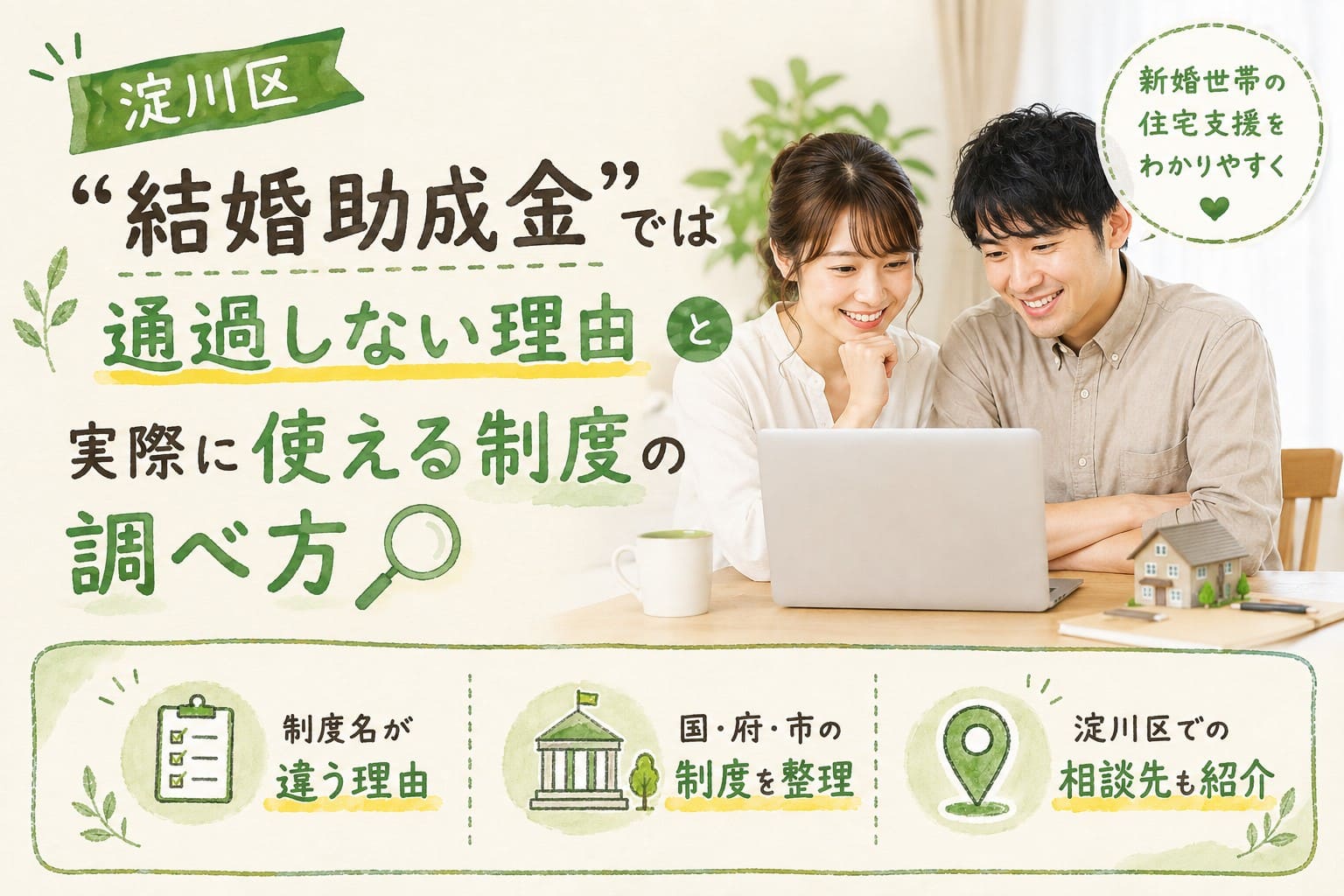 淀川区の新婚世帯向け住宅支援について、制度名の違いや相談先をやわらかく示したアイキャッチ画像